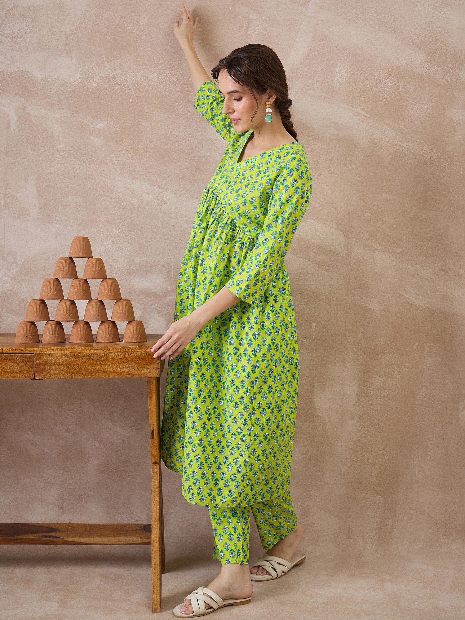 Indo Era Green Printed A-Line Kurta Trousers set