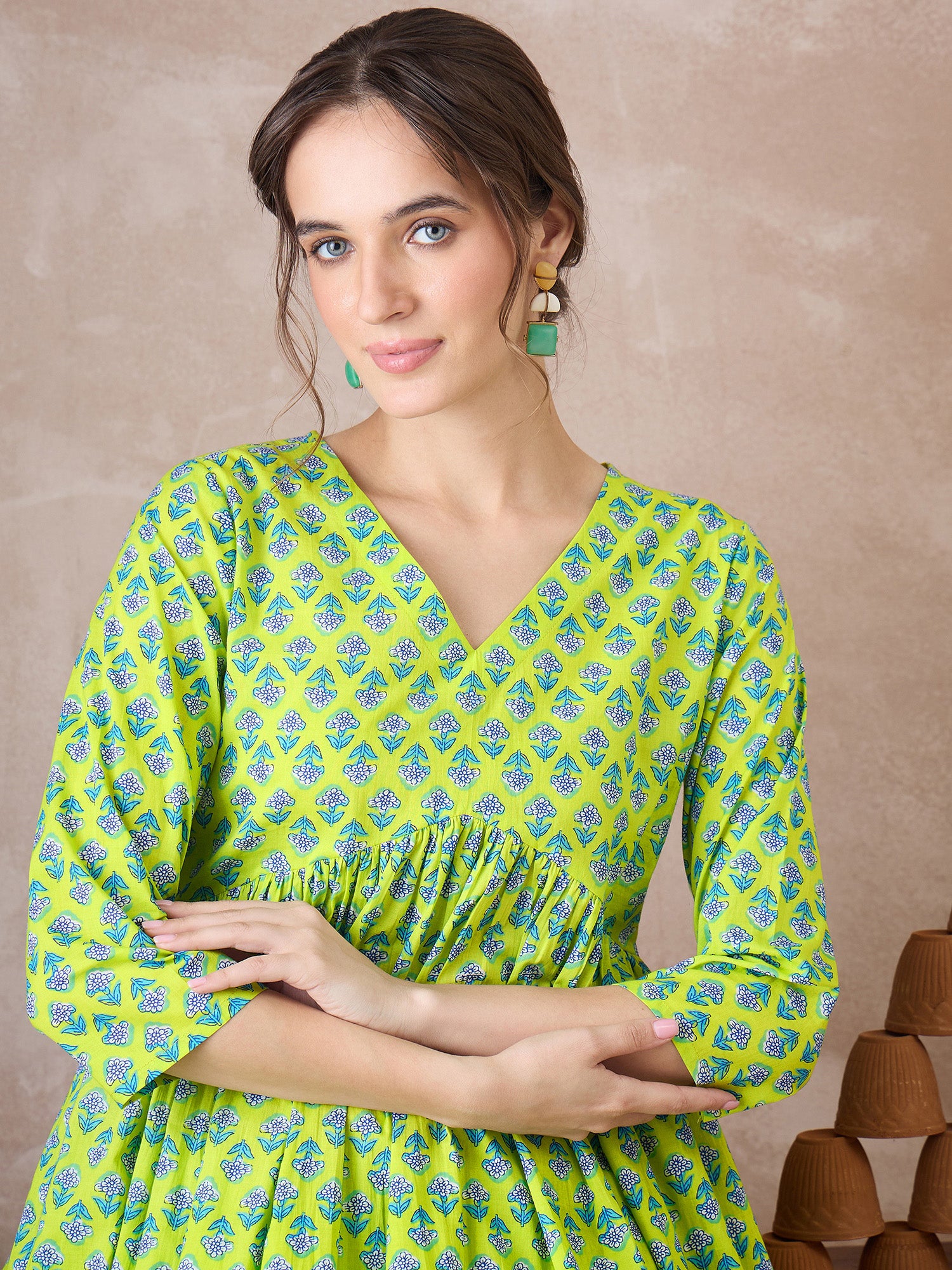 Indo Era Green Printed A-Line Kurta Trousers set