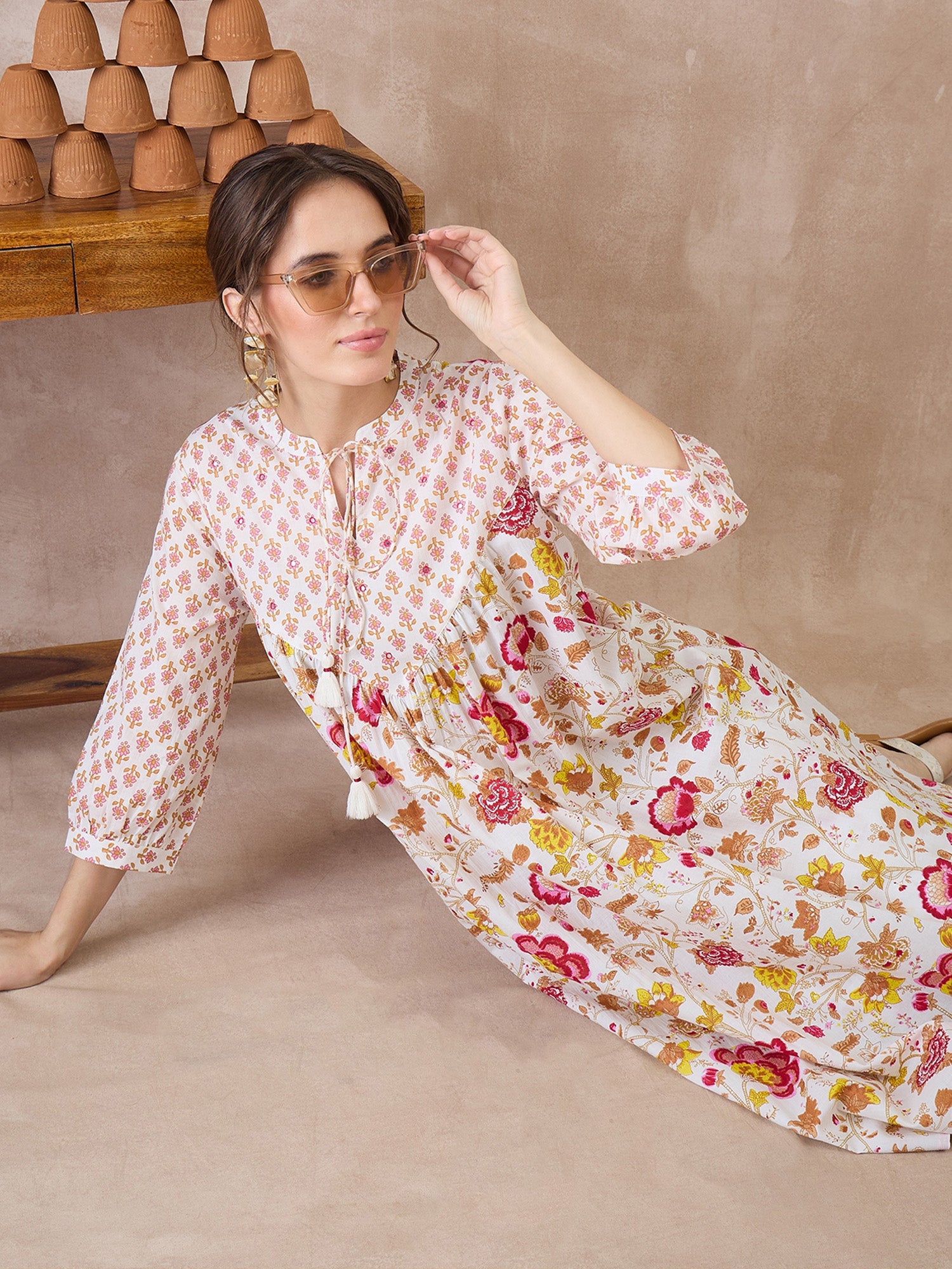 Indo Era White Printed A-Line Kurta Trousers set