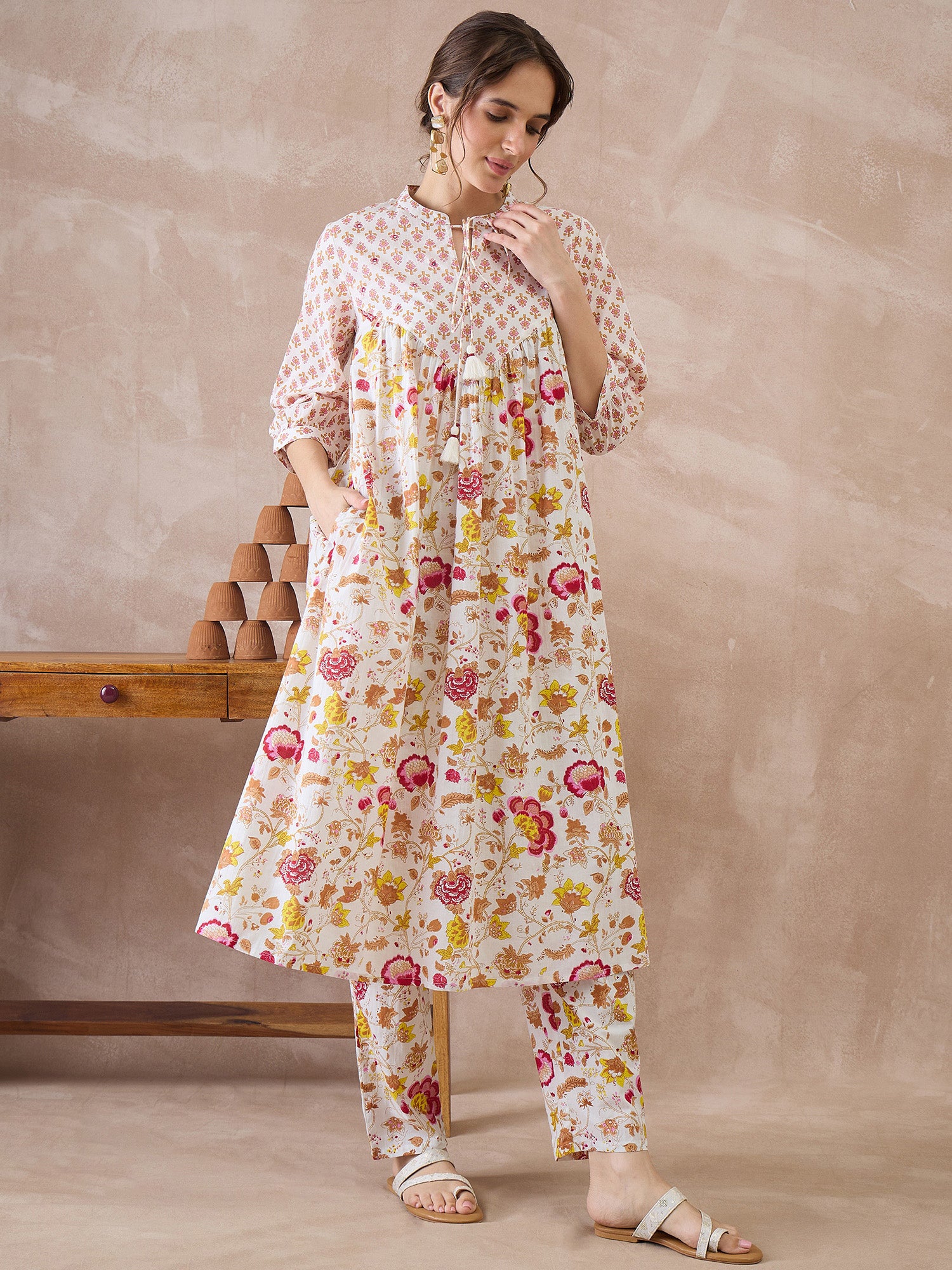 Indo Era White Printed A-Line Kurta Trousers set