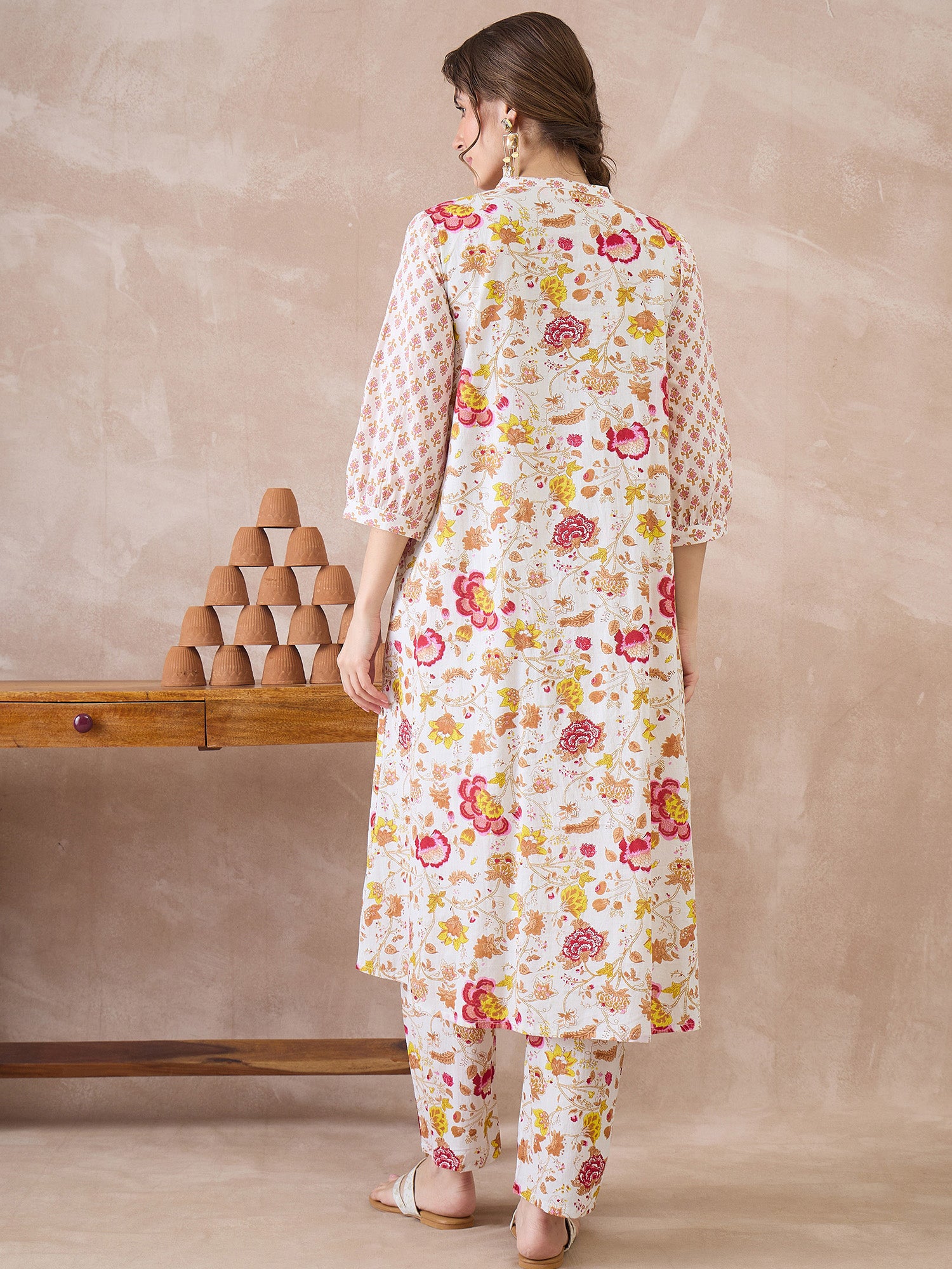 Indo Era White Printed A-Line Kurta Trousers set