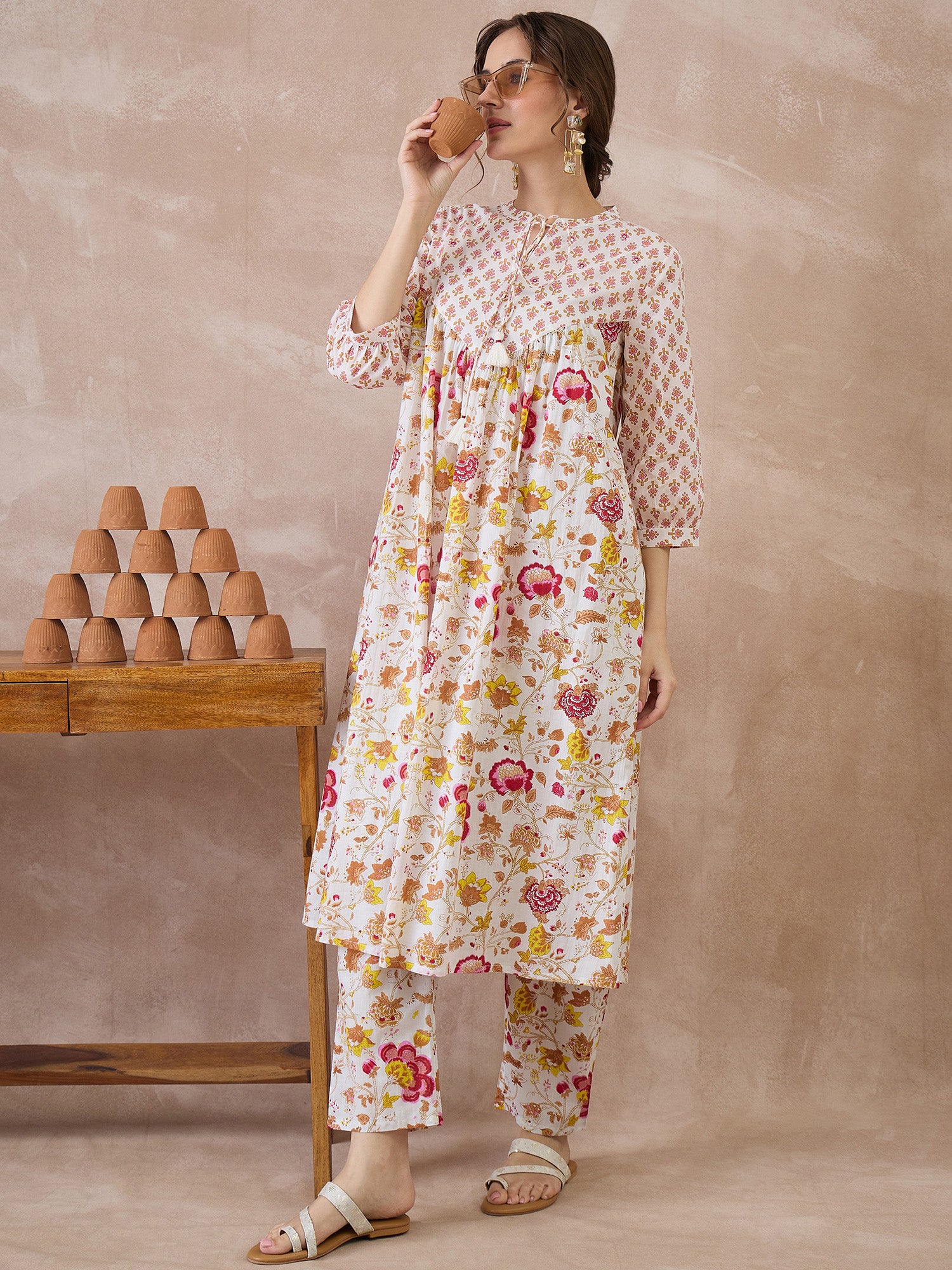 Indo Era White Printed A-Line Kurta Trousers set