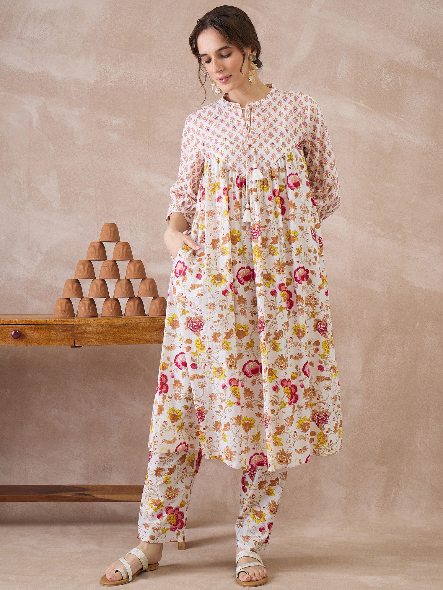 Indo Era White Printed A-Line Kurta Trousers set