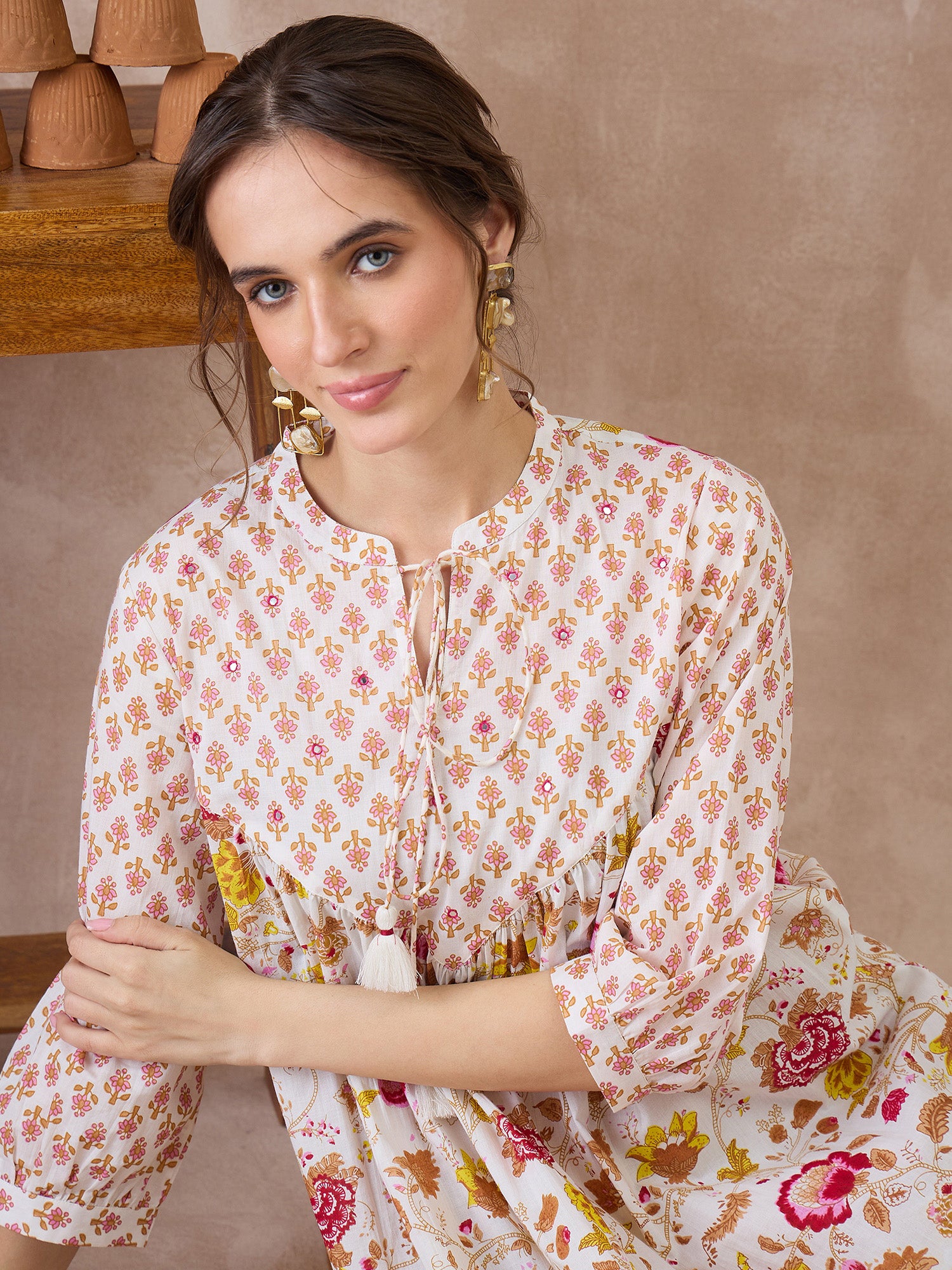 Indo Era White Printed A-Line Kurta Trousers set