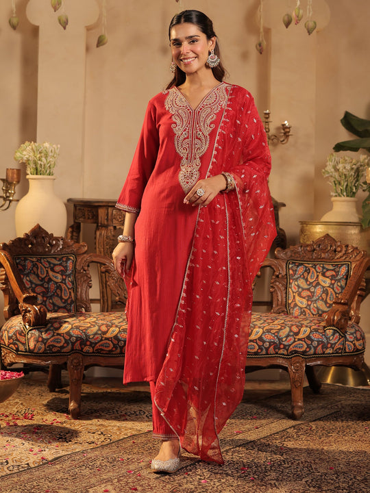 Red Embroidered Liva Straight Suit Sets With Dupatta
