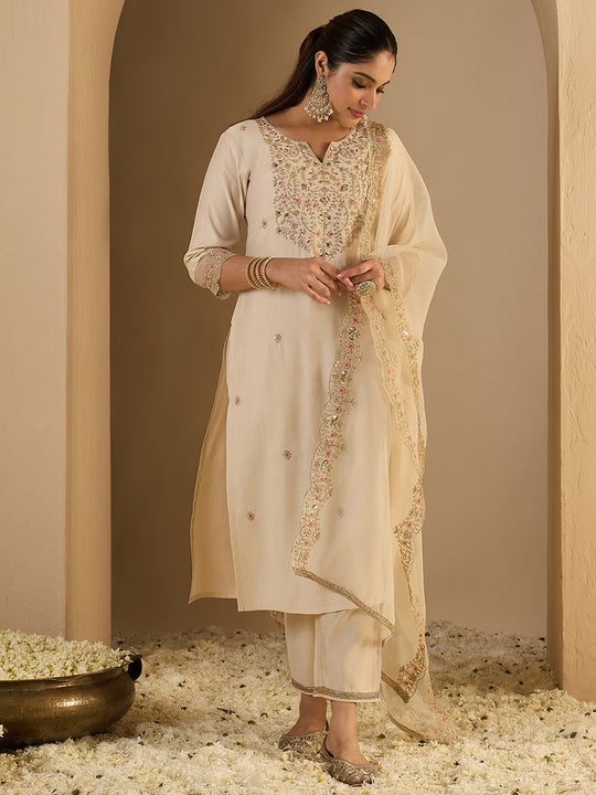 Off White Embroidered Liva Straight Suit Sets With Dupatta