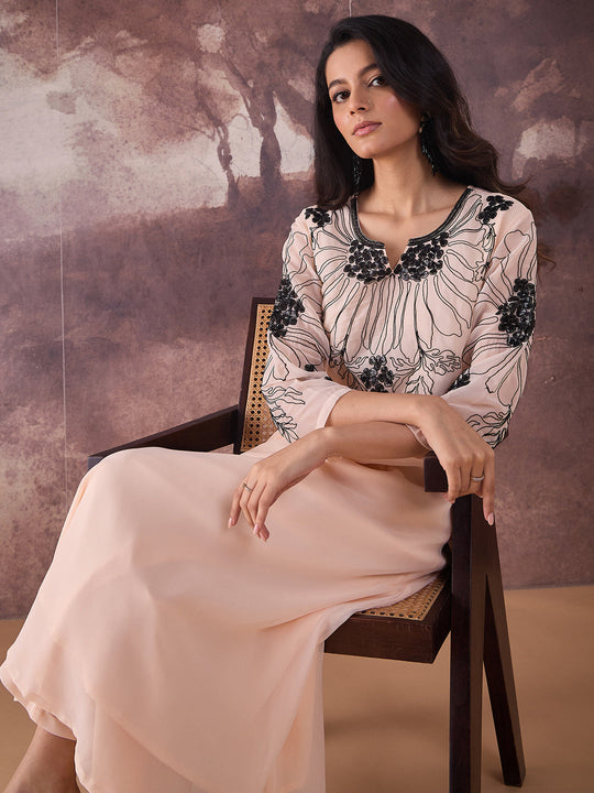 Indo Era Beige Embroidered A-Line Kurta Trousers NA Set