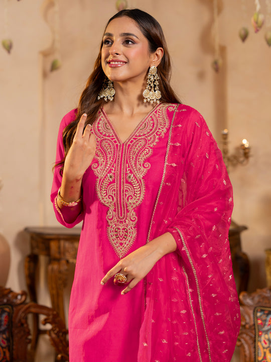 Pink Embroidered Liva Straight Suit Sets With Dupatta