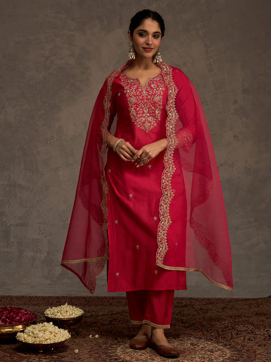 Indo Era Pink Embroidered Straight Kurta Trousers With Dupatta set