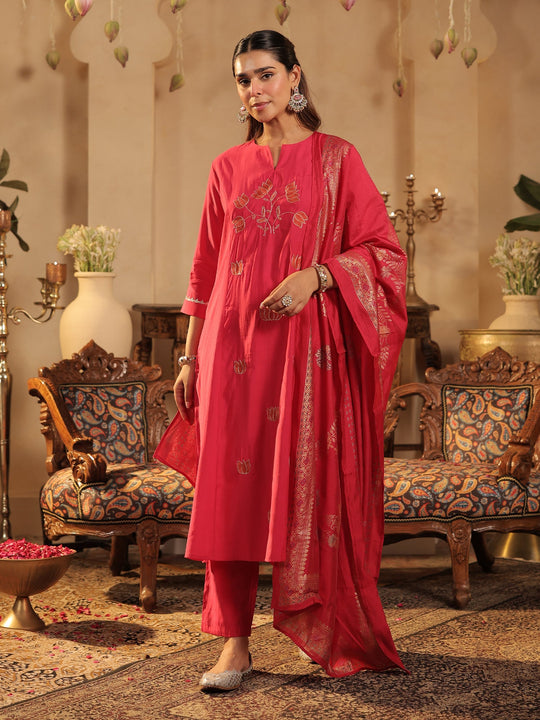 Pink Embroidered Silk Blend A-Line Suit Sets With Dupatta
