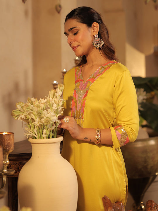 Yellow Embroidered Silk Blend Straight Kurta Trousers Set