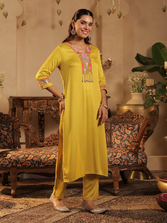 Yellow Embroidered Silk Blend Straight Kurta Trousers Set