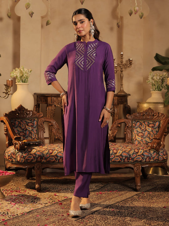 Purple Embroidered Silk Blend Straight Kurta Trousers Set