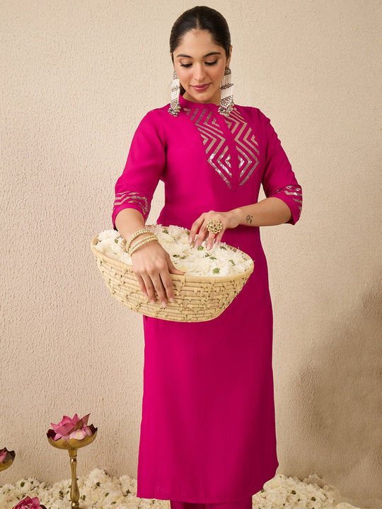Pink Embroidered Silk Blend Straight Kurta Trousers Set