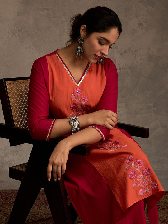 Pink Embroidered Silk Blend Straight Kurta Trousers Set