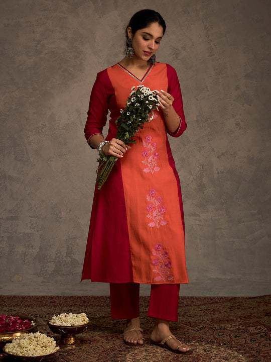 Pink Embroidered Silk Blend Straight Kurta Trousers Set