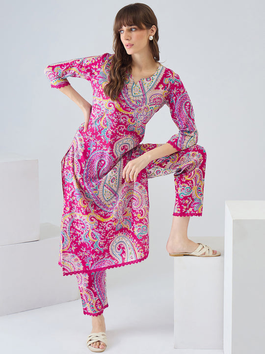 Pink Printed Pure Cotton Straight Kurta Trouser Set