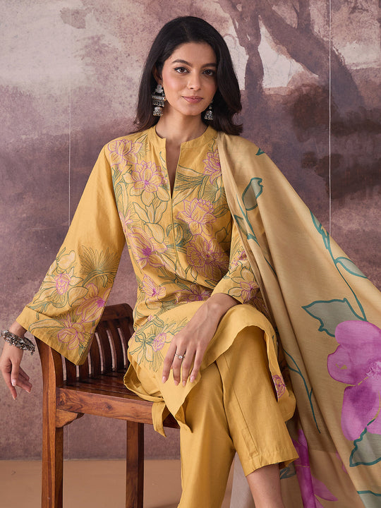Indo Era Mustard Embroidered Straight Kurta Palazzos With Dupatta Set