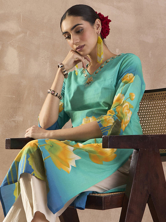 Indo Era Sea Green Printed Straight Kurta