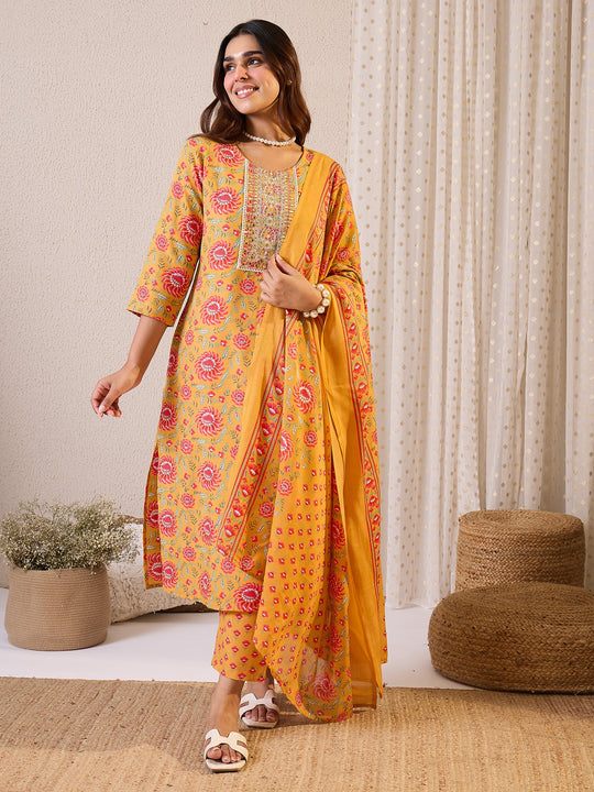 Yellow Embroidered Cotton Blend Straight Suit Sets With Dupatta