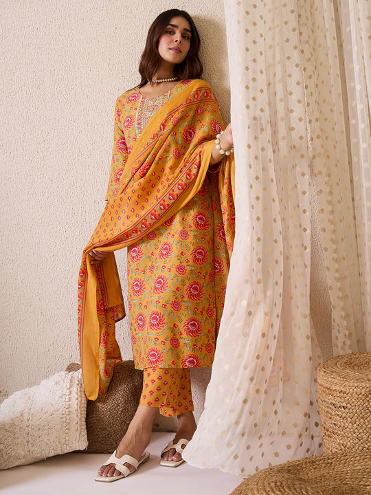 Yellow Embroidered Cotton Blend Straight Suit Sets With Dupatta