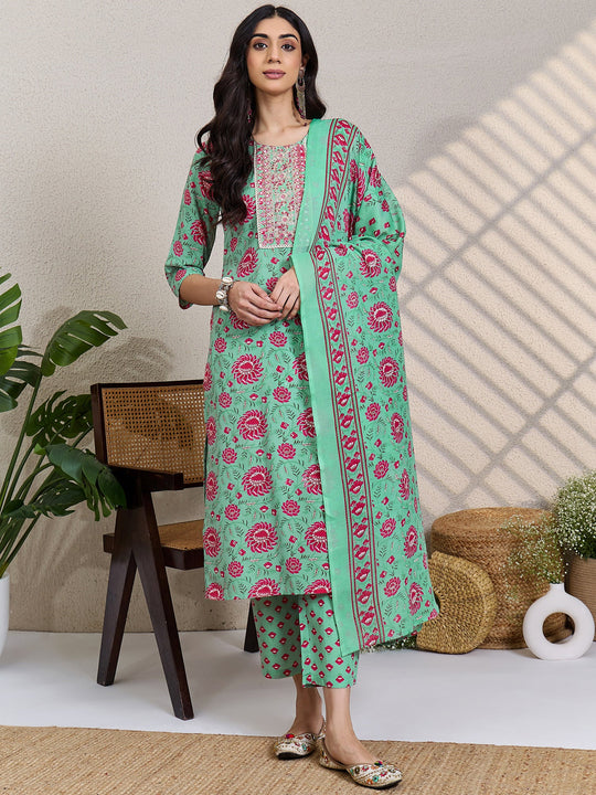 Sea Green Embroidered Cotton Blend Straight Suit Sets With Dupatta