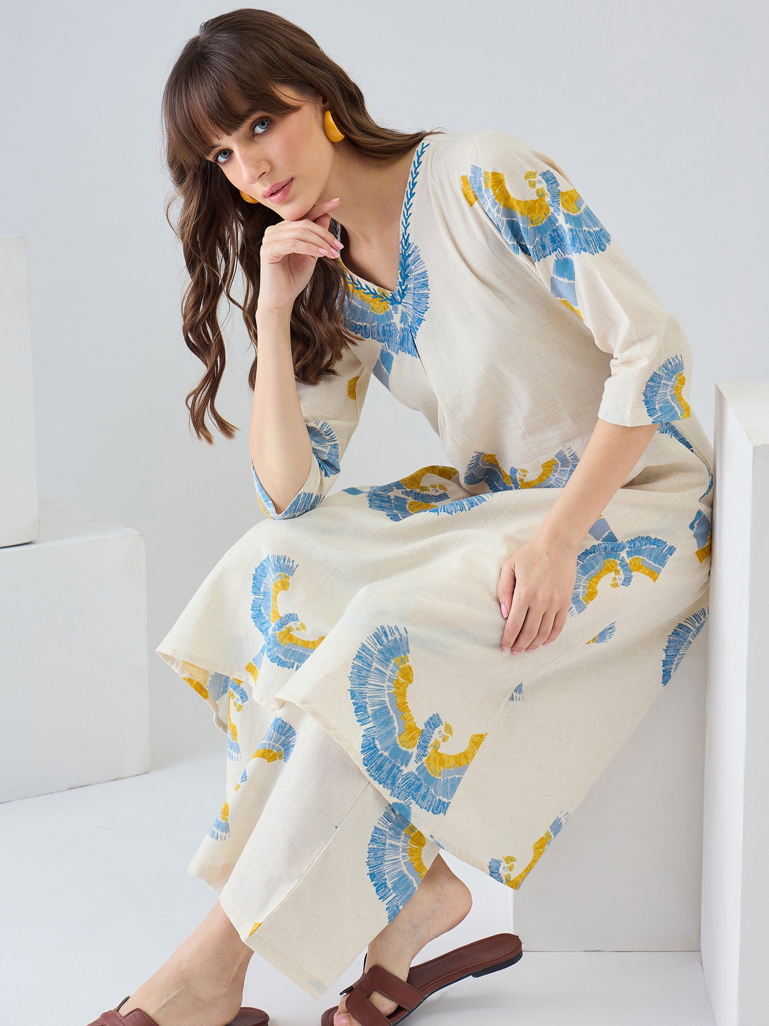 Indo Era Off White Printed A-Line Kurta Palazzos set