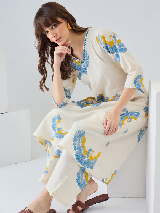Indo Era Off White Printed A-Line Kurta Palazzos set