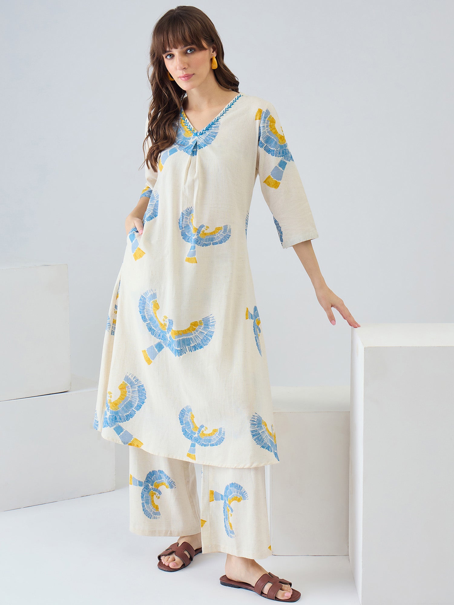 Indo Era Off White Printed A-Line Kurta Palazzos set