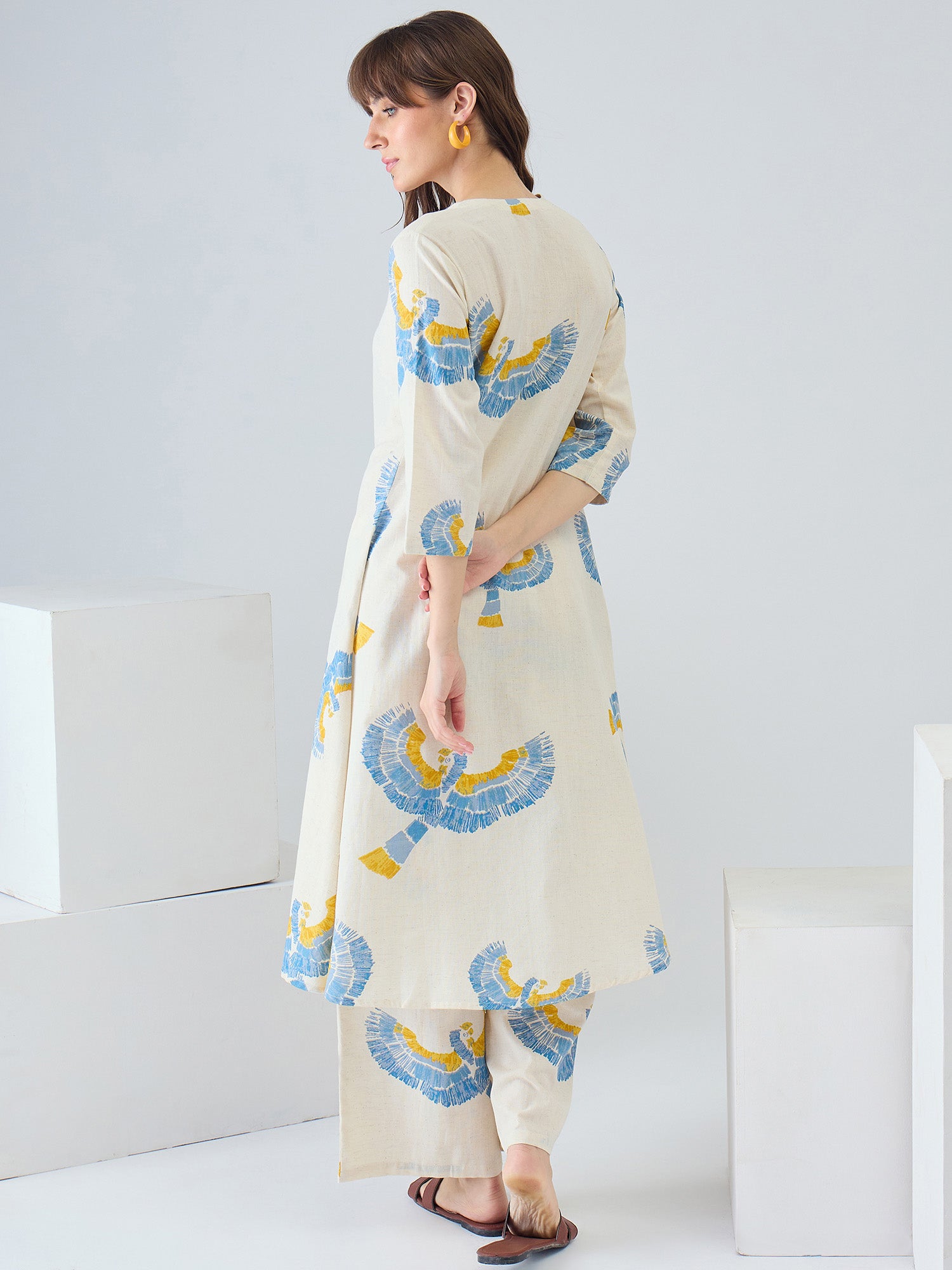 Indo Era Off White Printed A-Line Kurta Palazzos set