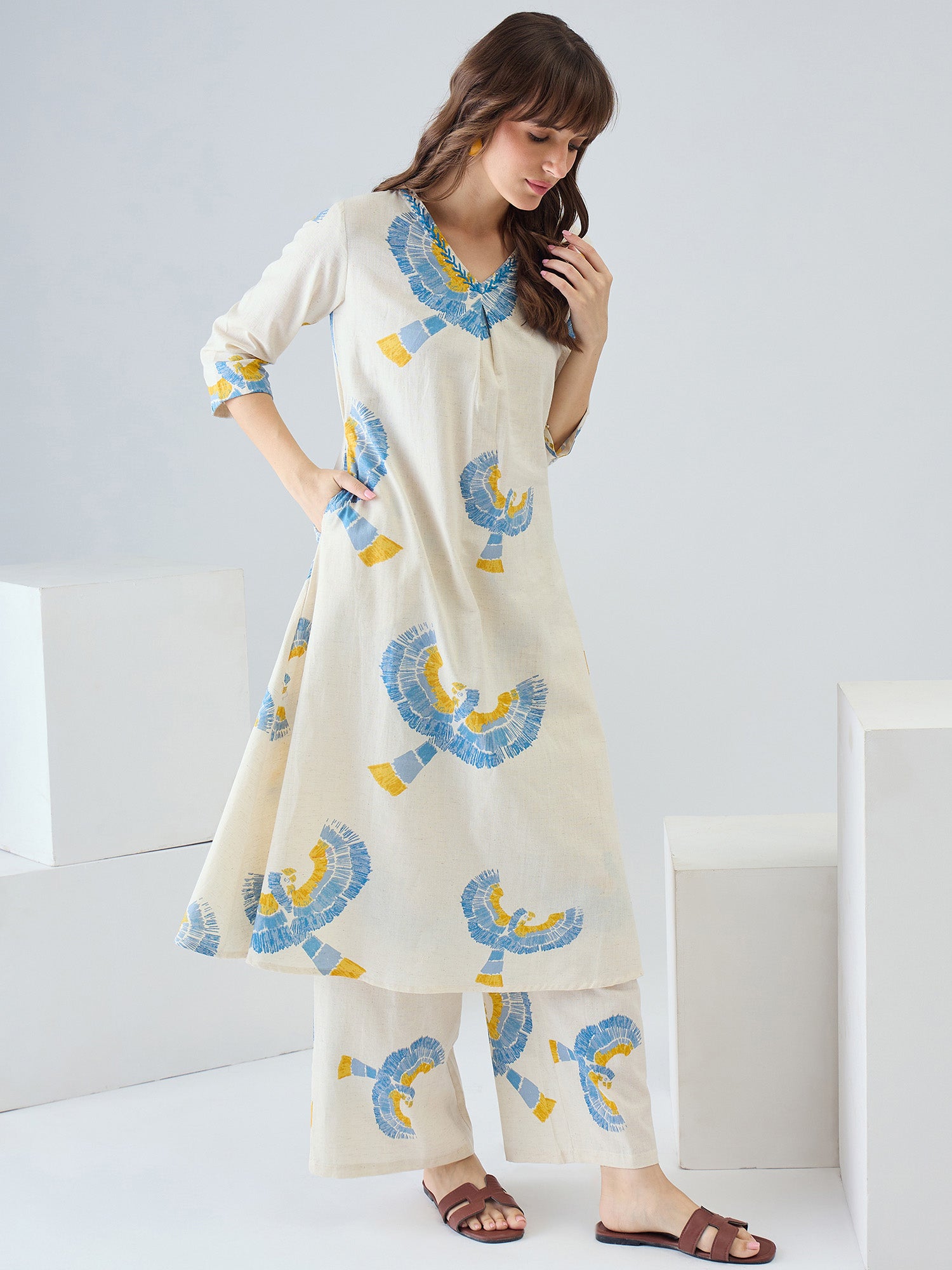 Indo Era Off White Printed A-Line Kurta Palazzos set