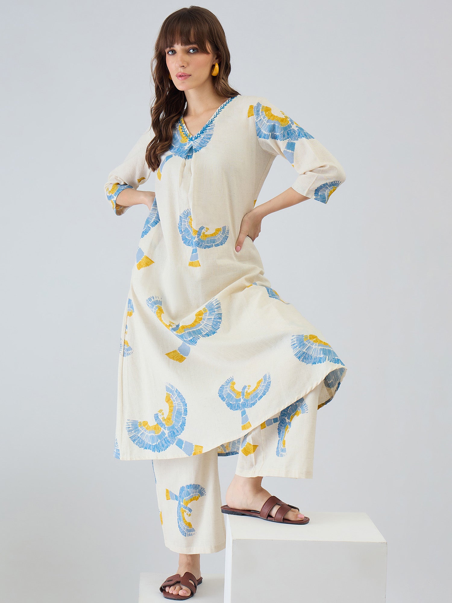 Indo Era Off White Printed A-Line Kurta Palazzos set