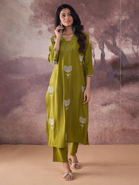Indo Era Green Embroidered Straight Kurta Trousers Set