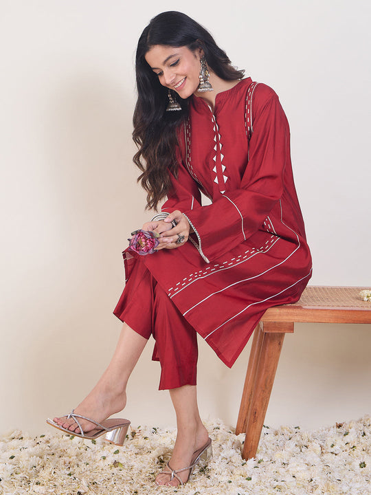 Indo Era Red Embroidered Straight Kurta Trousers Set