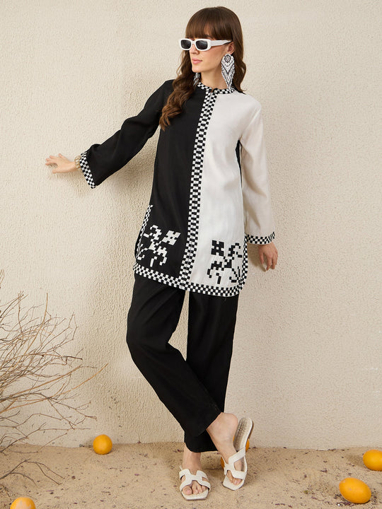 Black Embroidered Silk Blend Straight Kurta Trousers Set