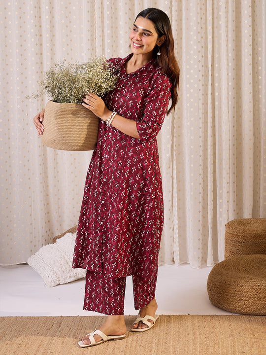 Maroon Printed Pure Cotton A-Line Kurta Palazzo Set
