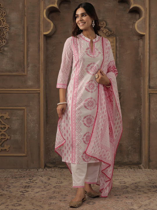 Indo Era White Printed Straight Kurta Trousers With Dupatta set