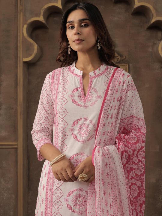 Indo Era White Printed Straight Kurta Trousers With Dupatta set