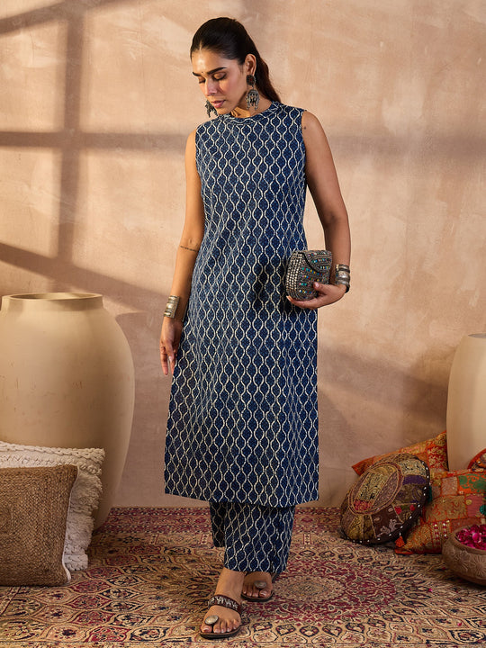 Blue Printed Pure Cotton A-Line Kurta Palazzo Set