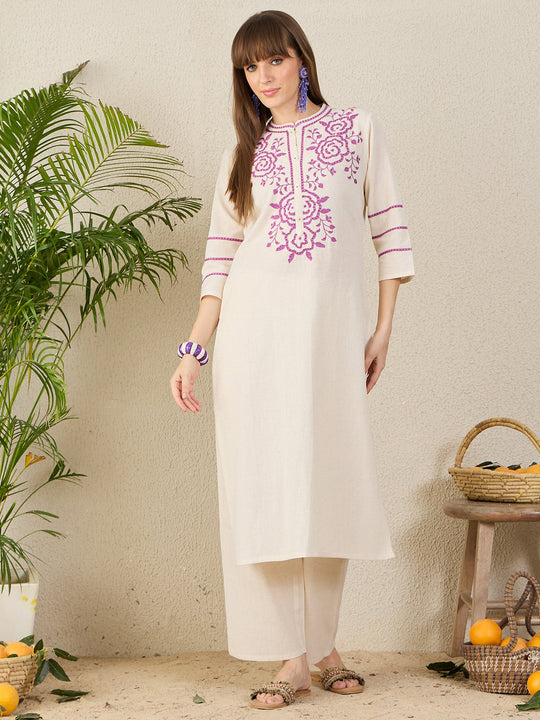 Off White Embroidered Cotton Blend Straight Kurta Palazzo Set