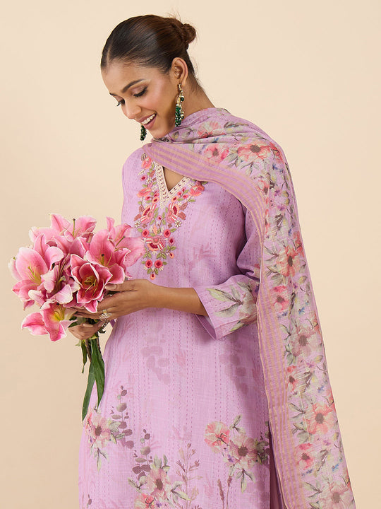 Indo Era Lavender Embroidered Straight Kurta Trousers With Dupatta Set