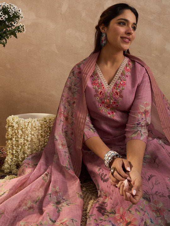 Mauve Embroidered Linen Straight Suit Sets With Dupatta