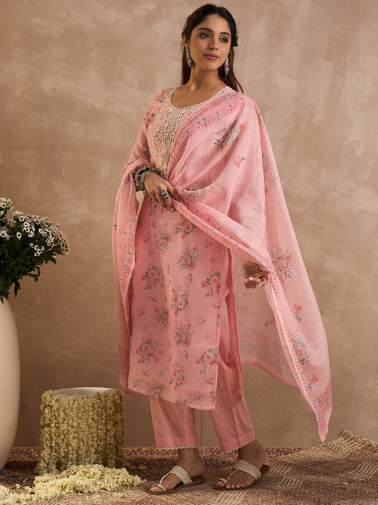 Pink Embroidered Linen Straight Suit Sets With Dupatta