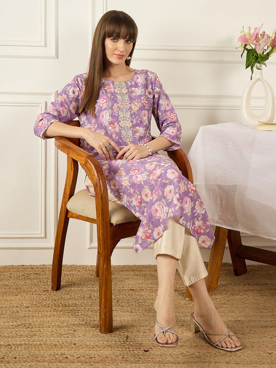 Indo Era Lavender Printed Straight Kurta