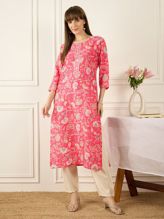 Indo Era Pink Printed Straight Kurta