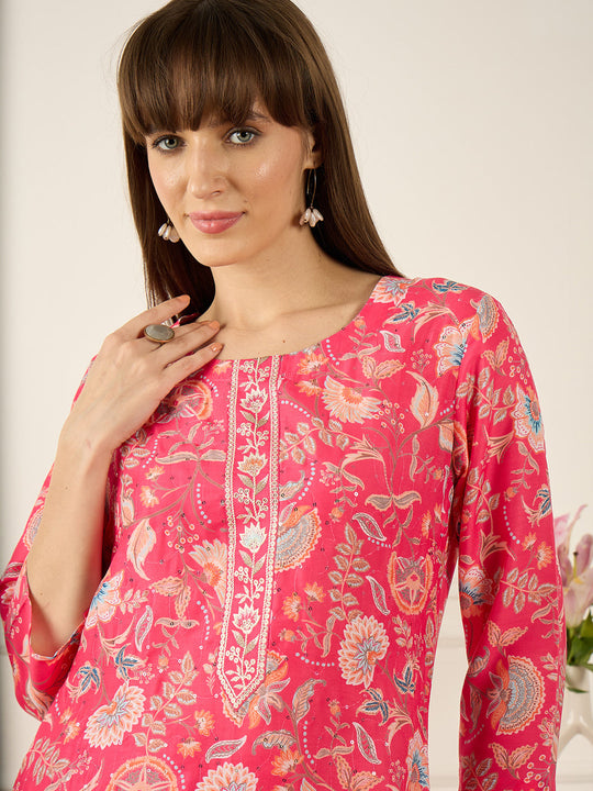Indo Era Pink Printed Straight Kurta