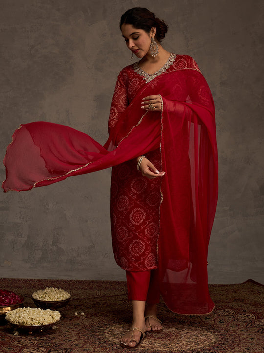 Red Printed Georgette Straight Suit Sets With Dupatta