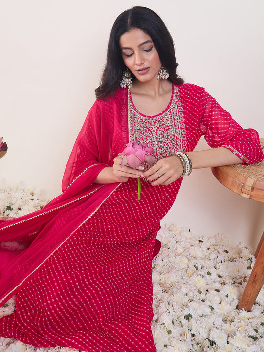 Indo Era Pink Embroidered Straight Kurta Trousers With Dupatta Set