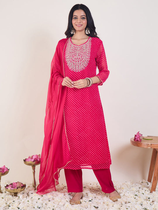 Indo Era Pink Embroidered Straight Kurta Trousers With Dupatta Set