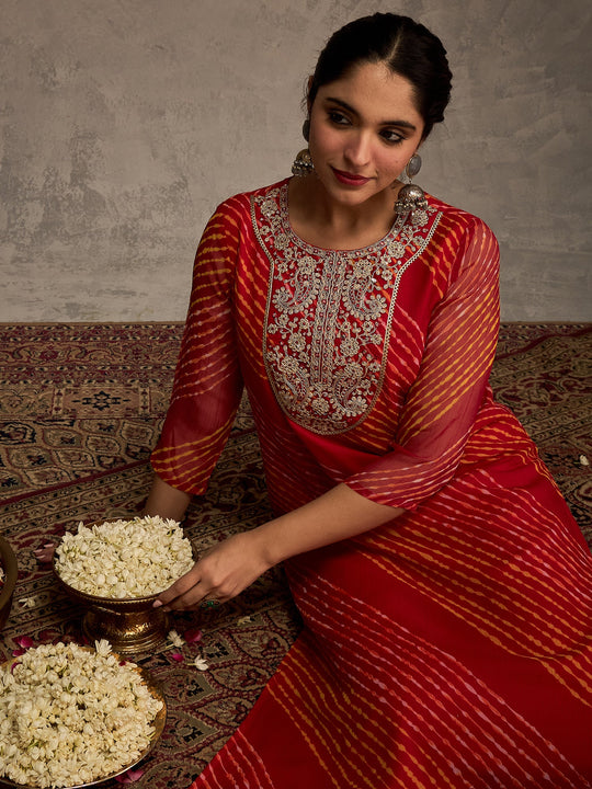 Indo Era Red Printed Straight Kurtas